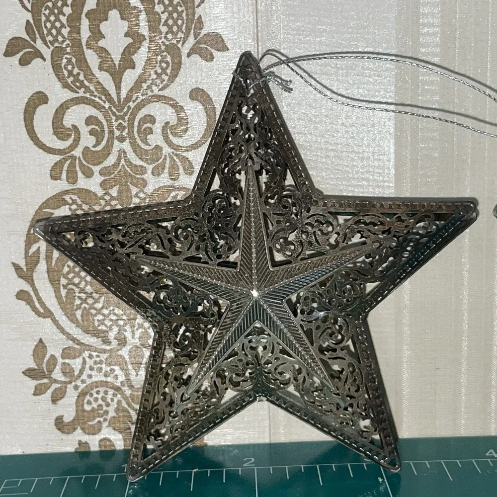 x2 Decorative Star Ornament Silver Colored Metal Intricate Punched Tin Filigree